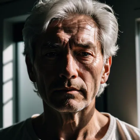 photograph, dramatic lighting, Iphone X, Fuji superi400, Surprising, Homely Father, his hair is White, hard light, back-light