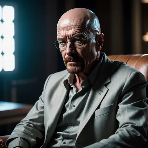 8k photograph, Intentional Camera Movement, Canon R5, F/8, Depth of field 100mm, Light and shadow plays, (Walter White:1.1) as Heisenberg, Walter White is Honorable, sitting in a Ottoman, his hair is Silver and styled as Sideswept bangs