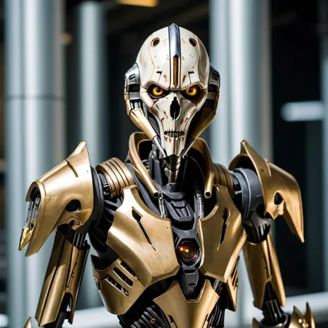 photograph, L USM, 800mm lens, buff General Grievous, General Grievous is Basic, he has Low fade hairstyle, volumetric lighting, Nikon d850, Kodak gold 200