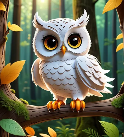 A small cartoon style owl.Owl in all white color. In the forest, in your nest. I want her to be cute and with big eyes. And in a style that looks like disney