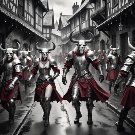 by Greta Knutson, 8k Airbrush painting, Attractive beefy Cottagecore (a crowd of John Marstons:1.3) , they are Dancing, wearing rogue Bone and Ruby Ornaments armor, Cruel, fantasy, epic, back alley in medieval town, sinister, smirk, evil, they have Platinum hair styled as Taper, Organic Horns, [Heavenly:Functional:5] Ruff, street and forest, Thunderstorm, deep focus, Sketched, spotlit, pinhole lens, BW