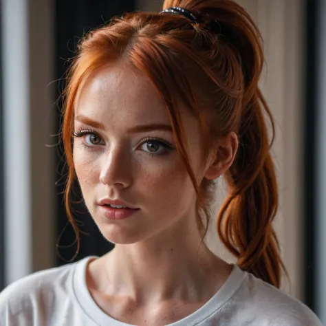 photo,8k,sharp focus,beautiful woman,close up,t-shirt,(detailed eyes:0.8),(looking at the camera:1.4),(highest quality),(best eyeshadow),brown eyes,rim lighting,two tone lighting,dimly lit,low key,intricate details,interior,ponytails,ginger hair:1.3,open mouth:0.7,freckles, <lora:x4-upscaler-ema:1>