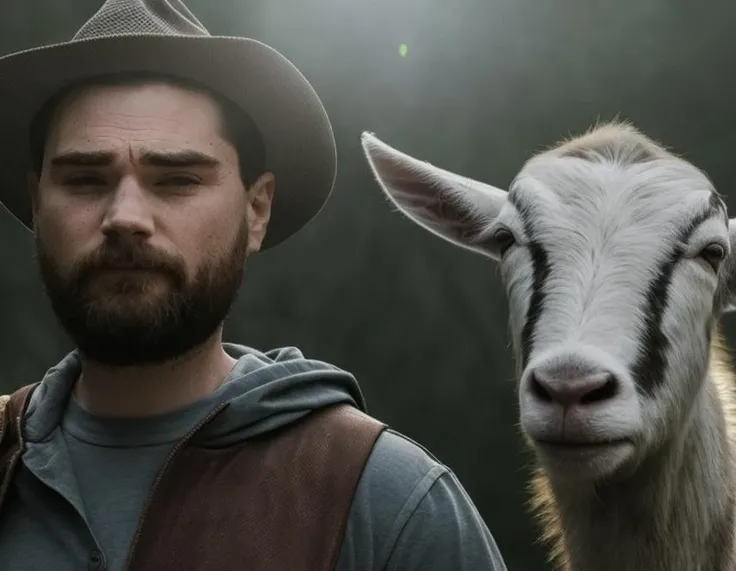 still of benshapiro person low wide angle shot trying to punch a friendly goat. Alien spaceship with cyborg alien small town tough-guys holding a sausage and yelling authorize pee dee river . Crucified by Alien religious people. Small town boy crying. tears. sad faces, shock, outrage, losers.