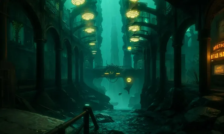BioshockAEST, underwater city, 8k, uhd, best quality, trending on arstation, masterpiece, neon signs
