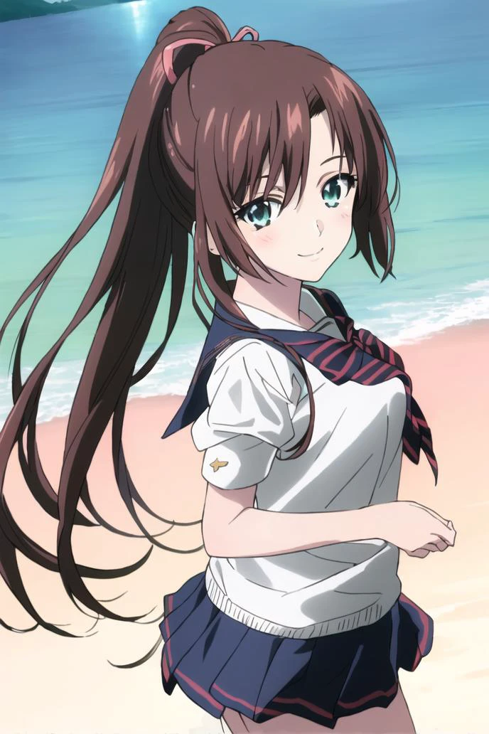 <lora:sayaka-000008:1>,((masterpiece,best quality, detailed)), ultra-detailed, detailed hair, deep shadows, hard rim lighting,((dramatic lighting)),sharp focus, cowboy shot, (1girl:1.2), solo,( long hair:1.3), (floating hair:1.2), (seductive smile:1.1),medium breasts,(high ponytail:1.1), standing, (looking at viewer:1.2), (sea:1.3),(starry sky:1.3) , (school uniform:1.3) ,