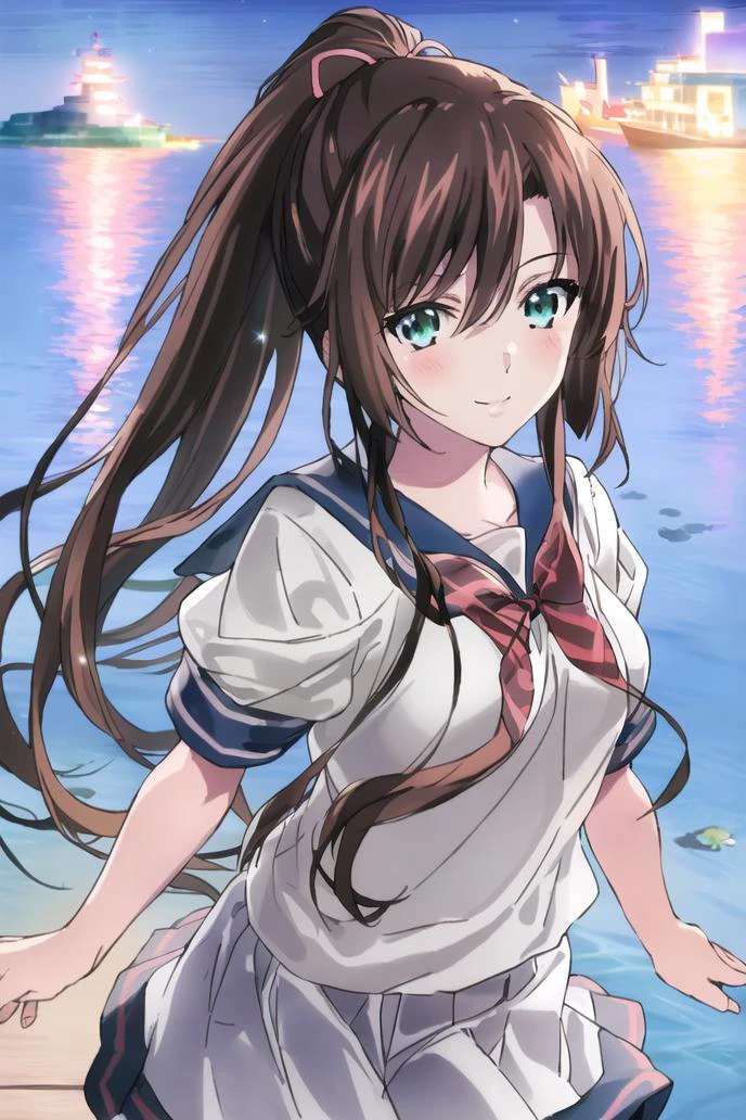 <lora:sayaka-000008:1>,((masterpiece,best quality, detailed)), ultra-detailed, detailed hair, deep shadows, hard rim lighting,((dramatic lighting)),sharp focus, cowboy shot, (1girl:1.2), solo,( long hair:1.3), (floating hair:1.2), (seductive smile:1.1),medium breasts,(high ponytail:1.1), standing, (looking at viewer:1.2), (sea:1.3),(starry sky:1.3) , (school uniform:1.3) ,