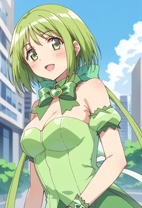 score_9, score_8_up, score_7_up, source_anime BREAK
mew lettuce, 1girl, green hair, green eyes, solo, open mouth, short hair, smile, day, looking at viewer, outdoors, tree, wrist cuffs, :d, building, cloud, puffy detached sleeves, twintails, bare shoulders, cleavage, green bow, upper body, blue sky, eyebrows visible through hair, bowtie, blush, shiny hair, detached sleeves, green dress, green neckwear, bangs, hair ornament, detached collar, medium breasts, green theme, jewelry, green choker, hair ribbon, green leotard, very long hair, puffy short sleeves, hair bow, arm strap, sleeveless, green ribbon, blurry background, arm garter, standing, green skirt, bob cut, strapless dress, brooch, collar, green gloves, anime coloring, cloudy sky, back bow, eyelashes, frills, strapless leotard, shiny skin, floating hair, depth of field, city, white ribbon
<lora:mew_lettuce_midorikawa_lettuce_sdxl_locon_pony_v1:0.7>