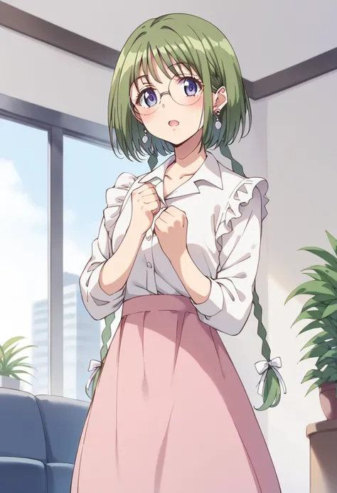 score_9, score_8_up, score_7_up, source_anime BREAK
midorikawa lettuce, glasses, green hair, jewelry, earrings, solo, blue eyes, twin braids, pink skirt, plant, open mouth, round eyewear, hair ribbon, potted plant, white shirt, indoors, looking at viewer, :o, 1girl, long sleeves, collarbone, purple eyes, white ribbon, long skirt, depth of field, shiny hair, hair bow, white bow, standing, bangs, buttons, bespectacled, dress shirt, short hair, collared shirt, cowboy shot, single braid, clenched hand, white blouse, casual, frills, eyebrows visible through hair, clenched hands, hair over shoulder, eyelashes, rimless eyewear, anime coloring, blush
<lora:mew_lettuce_midorikawa_lettuce_sdxl_locon_pony_v1:0.7>