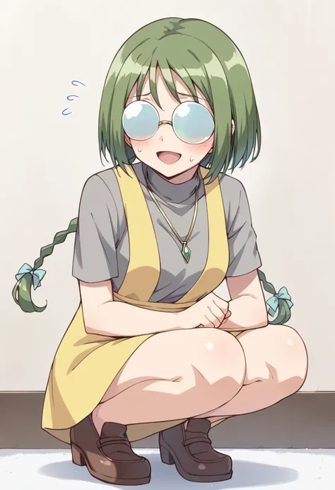 score_9, score_8_up, score_7_up, source_anime BREAK
midorikawa lettuce, 1girl, green hair, no eyes, opaque glasses, coke-bottle glasses, open mouth, long hair, necklace, smile, :d, twin braids, short hair, solo, twintails, sitting, pendant, round eyewear, casual, hair bow, hair ribbon, blush, suspenders, short sleeves, 1girl, turtleneck, grey shirt, squatting, yellow dress, indoors, medium breasts, sleeveless dress, sweat, sweatdrop, flying sweatdrops, brown footwear
<lora:mew_lettuce_midorikawa_lettuce_sdxl_locon_pony_v1:0.7>