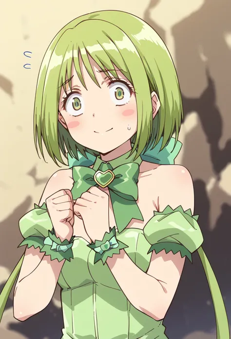 score_9, score_8_up, score_7_up, source_anime BREAK
mew lettuce, green hair, 1girl, green eyes, puffy detached sleeves, short hair, solo, bare shoulders, wrist cuffs, sweat, sweatdrop, blush stickers, green choker, bowtie, hair bow, green leotard, smile, green dress, hair ribbon, long hair, upper body, wide-eyed, closed mouth, bracelet, medium breasts, waist ribbon, looking at viewer, bangs, clenched hands, detached collar, blush, eyebrows visible through hair, constricted pupils, green bow, strapless, puffy short sleeves, eyelashes, necklace, green neckwear, cave, low twintails, multi-tied hair, bob cut, brooch, wristband, anime coloring, white ribbon, flying sweatdrops,
<lora:mew_lettuce_midorikawa_lettuce_sdxl_locon_pony_v1:0.7>