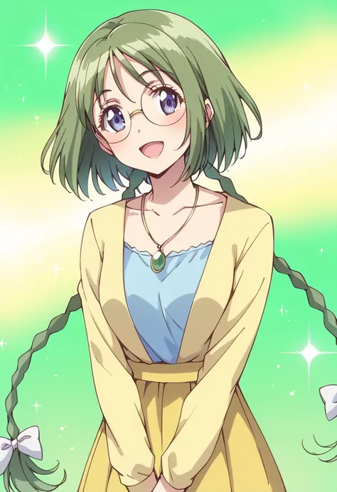score_9, score_8_up, score_7_up, source_anime BREAK
midorikawa lettuce, 1girl, glasses, solo, green hair, blue eyes, twin braids, smile, necklace, long sleeves, yellow sleeves, open mouth, :d, round eyewear, twintails, looking at viewer, hair ribbon, collarbone, green background, yellow dress, hair bow, sparkle, pendant, very long hair, bespectacled, standing, white bow, eyelashes, short hair with long locks, happy, white ribbon, blush, rimless eyewear, blue shirt, v arms, shiny hair, cowboy shot, tress ribbon, black bow, hair ornament, purple eyes, breasts, own hands together, sidelocks, upper body, floating hair, bangs, lens flare, sparkle background, short hair, yellow skirt, waist bow
<lora:mew_lettuce_midorikawa_lettuce_sdxl_locon_pony_v1:0.7>