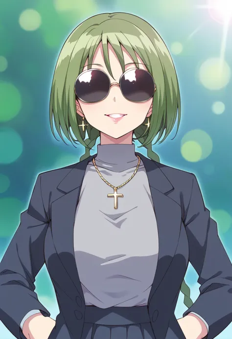 score_9, score_8_up, score_7_up, source_anime BREAK
midorikawa lettuce, 1girl, sunglasses, no eyes, opaque glasses, BREAK
green hair, jewelry, solo, grin, jacket on shoulders, turtleneck, looking at viewer, hands on own hips, black jacket, sparkle, long sleeves, lipstick, turtleneck sweater, very long hair, blurry background, twintails, short hair with long locks, makeup, shiny hair, twin braids, pendant, glowing, formal, grey shirt, cross necklace, eyebrows visible through hair, large breasts, suit, blue shirt, casual, bokeh, pink lips, hair between eyes, depth of field, closed mouth, open jacket, parted lips, facing viewer, blue sweater, coat, gold necklace, grey sweater, lens flare, short hair, blazer, glint
<lora:mew_lettuce_midorikawa_lettuce_sdxl_locon_pony_v1:0.7>