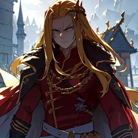 (masterpiece, top quality, best quality, beautiful, and aesthetic:1.2) portrait shot, posing, leonida5, 1boy, looking at viewer, angry stare, fantasy castle gates <lora:testleo-000015:.9>
