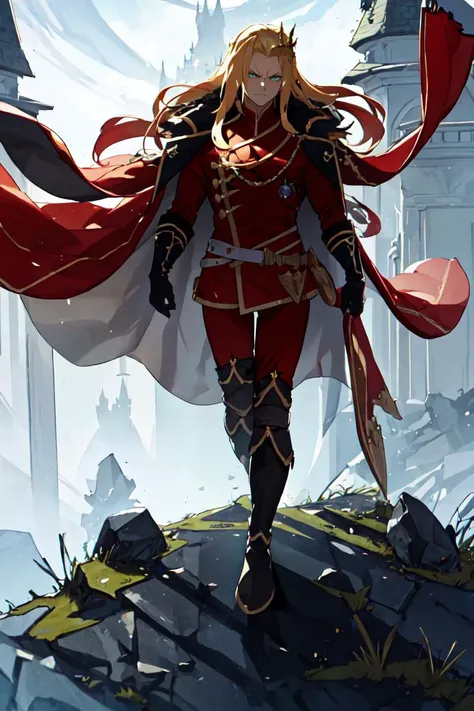 (masterpiece, top quality, best quality, beautiful, and aesthetic:1.2) full body, posing, leonida5, 1boy, looking at viewer, angry stare, fantasy castle gates <lora:testleo-000015:.9>