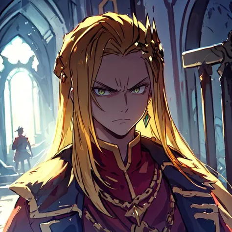 (masterpiece, top quality, best quality, beautiful, and aesthetic:1.2) portrait shot, posing, leonida5, 1boy, looking at viewer, angry stare, fantasy castle gates <lora:testleo-000015:.9>