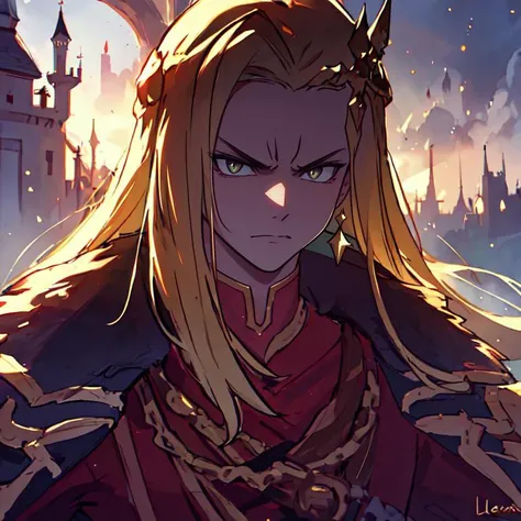 (masterpiece, top quality, best quality, beautiful, and aesthetic:1.2) portrait shot, posing, leonida5, 1boy, looking at viewer, angry star, fantasy castle gates <lora:testleo-000015:.9>