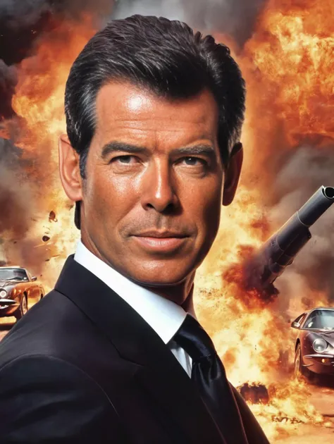 <lora:Pierce Brosnan:1> Pierce Brosnan, smile, black suit, tie, clean, hard. Cars, explosions, planes,
movie poster of Pierce Brosnan as james bond, sharp focus, cinematic lighting, hyper realism, hyper detailed. 8k,