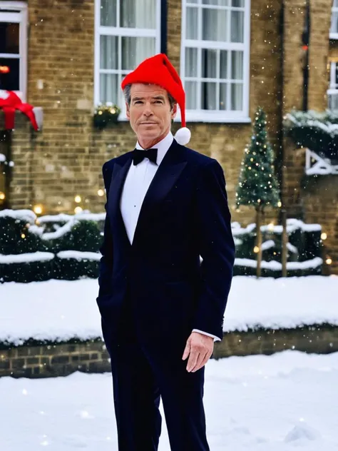 Photo of 30 year old Pierce Brosnan standing in a snowy scene Christmas in London wearing a black tuxedo and a (red Santa hat:1.4), Christmastime, DSLR, Fujifilm XT3   <lora:Pierce Brosnan:1>