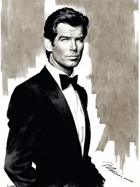 drawing of 30 year old Pierce Brosnan , young, james bond by Robert McGinnis <lora:Pierce Brosnan-000003:1>