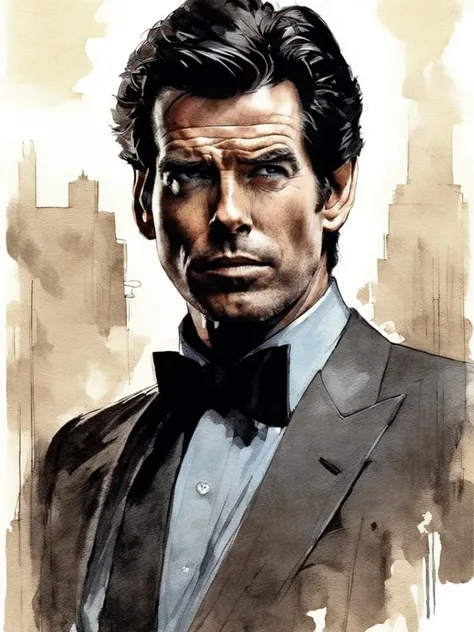 drawing of 30 year old Pierce Brosnan, cinematic action scene, by Robert McGinnis <lora:Pierce Brosnan-000003:1>