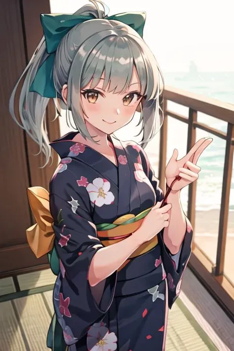 best quality, masterpiece, highres, solo, {yukata:1.40}, {kimono:1.20}, {yuubari_kantaicollection:1.15}, ponytail, bangs, brown_eyes, bow, hair_bow, green_hair, grey_hair, serafuku, smile
