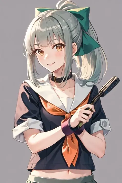 best quality, masterpiece, highres, solo, {yuubari_kantaicollection:1.15}, ponytail, bangs, brown_eyes, bow, hair_bow, green_hair, grey_hair, serafuku, smile, 1girl, looking_at_viewer, ribbon, sailor_collar, school_uniform, simple_background, upper_body, grey_sailor_collar, hair_ribbon, long_hair, white_background, shirt, orange_neckerchief, short_sleeves, neckerchief