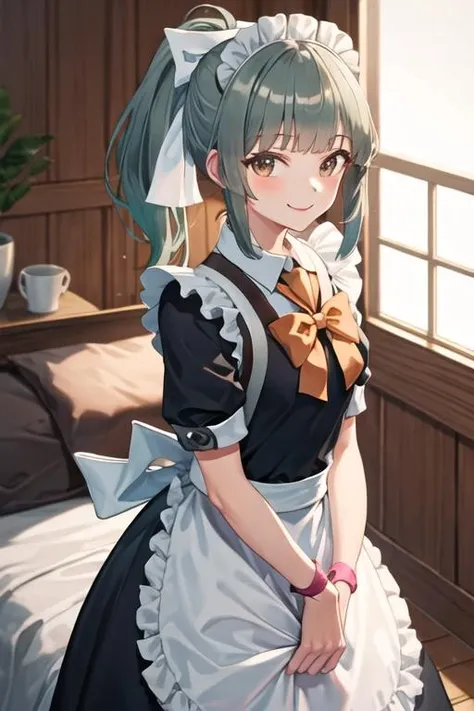 best quality, masterpiece, highres, solo, {maid:1.40}, {long maid dress:1.15}, {yuubari_kantaicollection:1.15}, ponytail, bangs, brown_eyes, bow, hair_bow, green_hair, grey_hair, serafuku, smile