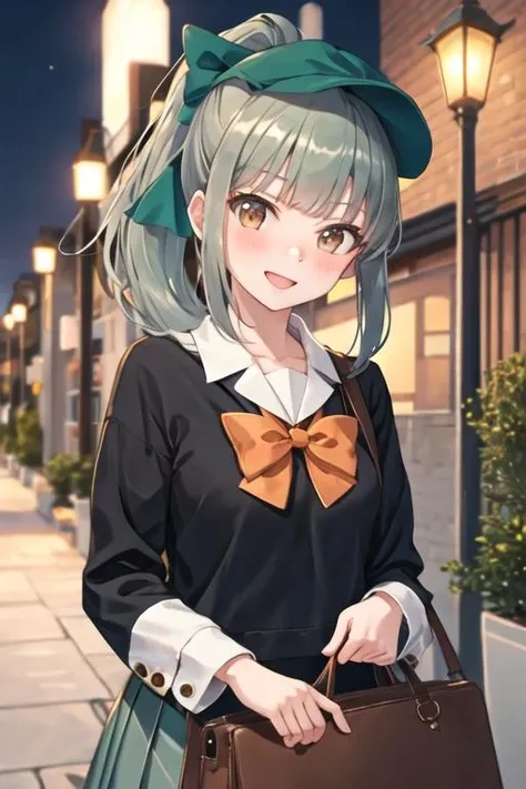 best quality, masterpiece, highres, solo, {yuubari_kantaicollection:1.15}, ponytail, bangs, brown_eyes, bow, hair_bow, green_hair, grey_hair, serafuku, smile, 1girl, alternate_costume, black_headwear, black_sweater, hat, shirt, sweater, looking_at_viewer, white_shirt, long_sleeves, official_alternate_costume, upper_body, blurry, blush, collared_shirt, green_eyes, lamppost, open_mouth