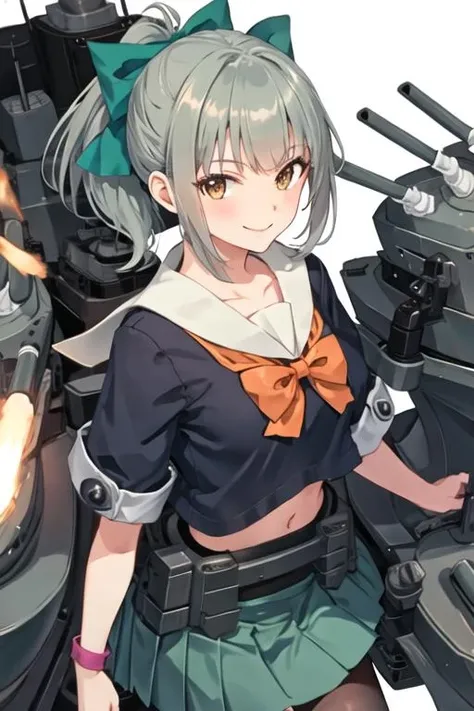 best quality, masterpiece, highres, solo, {yuubari_kantaicollection:1.15}, ponytail, bangs, brown_eyes, bow, hair_bow, green_hair, grey_hair, serafuku, smile