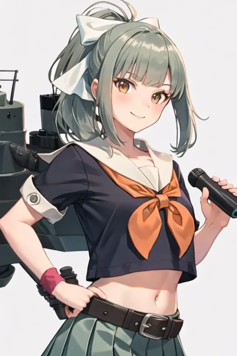 best quality, masterpiece, highres, solo, {yuubari_kantaicollection:1.15}, ponytail, bangs, brown_eyes, bow, hair_bow, green_hair, grey_hair, serafuku, smile, 1girl, black_shirt, hair_ribbon, looking_at_viewer, midriff, navel, neckerchief, ribbon, sailor_collar, school_uniform, shirt, skirt, grey_sailor_collar, pleated_skirt, green_skirt, orange_neckerchief, simple_background, belt, grey_skirt, white_background, long_hair, white_ribbon, crop_top, necktie, cowboy_shot, pantyhose, short_sleeves