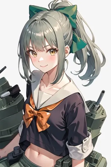 best quality, masterpiece, highres, solo, {yuubari_kantaicollection:1.15}, ponytail, bangs, brown_eyes, bow, hair_bow, green_hair, grey_hair, serafuku, smile, 1girl, looking_at_viewer, simple_background, green_bow, shirt, alternate_costume, long_hair, short_sleeves, white_shirt, collarbone, upper_body, white_background