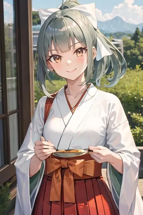 best quality, masterpiece, highres, solo, {white kimono:1.35}, {red hakama:1.35}, {wide sleeves:1.20}, {yuubari_kantaicollection:1.15}, ponytail, bangs, brown_eyes, bow, hair_bow, green_hair, grey_hair, serafuku, smile