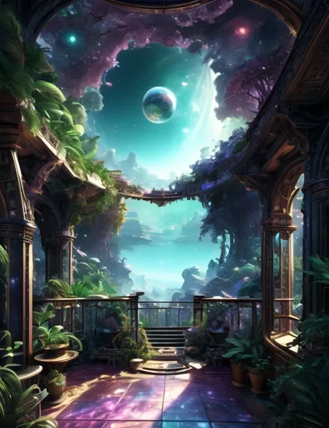 ((best quality)), ((masterpiece)), ((realistic,digital art)), (hyper detailed),Celestial_Explorers_SD1.5 Jungle Balcony, octane rendering, raytracing, volumetric lighting, Backlit,Rim Lighting, 8K, HDR, <lora:Celestial_Explorers_SD1.5-000008:1>