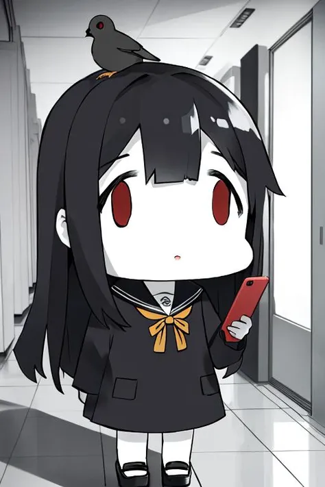 best quality, masterpiece, ultra high res
a girl in the library ,two heads high, 15 years old, cute, (full body:1.2), pale red eyes, BREAK
monochrome school sailor uniform, BREAK
long black hair, (bobby pin:1.1) , blank stare in her eyes, (smartphone:1.2), a bird, (a Chick on head:1.1)
(fx_meme:1.2), <lora:merrytail_forex-meme_v02-13:0.8>