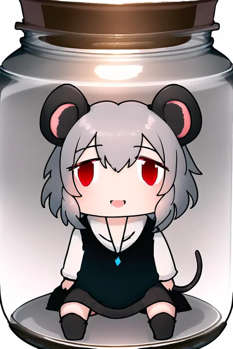 masterpiece, highres, best quality, ultra-detailed, perfect lighting, <lora:merrytail_forex-meme_v02-13:0.8> fx_meme,  <lora:NYN_V10:0.8> NYN, mouse ears, grey hair, red eyes, black vest, black skirt, white sleeves, blue pendant, happy, smile, open mouth, blush, sitting, detailed background, (in glass jar), long jar,  <lora:Girls in Glass Jars v3:0.8>