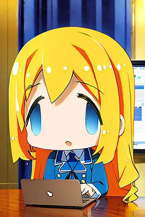 best quality, masterpiece, ultra high res, insanely detailed
a girl ,15 years old, cute, full body, blue eyes, school uniform, long blonde hair, ( curly hair:1.2) , laptop
(fx_meme:1.2), <lora:merrytail_forex-meme_v02-13:0.8>