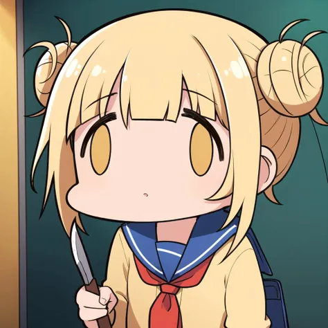 fx_meme, 1girl, toga himiko, blonde hair, holding weapon, knife, yellow eyes, blue sailor collar, beige cardigan, red neckerchief, serafuku, double bun, hair bun, school uniform, messy hair, bags under eyes, chibi, <lora:ma_meme_fx-13:0.8>,