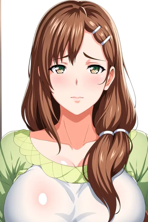 Simple White Background,
green shirt,long sleeves,
<lora:Shiori_Hiura_WANNA-KK77-V1:0.7>,
brown_hair,brown_eyes,hair_ornament,hairclip,braid,
<lora:Oda_Non_Style-KK77-V2:0.3>,<lora:more_details:0.1>,
1 girl, 20yo,Young female,Beautiful Finger,Beautiful long legs,Beautiful body,Beautiful Nose,Beautiful character design, perfect eyes, perfect face,expressive eyes,perfect balance,
looking at viewer,(Focus on her face),closed mouth, (innocent_big_eyes:1.0),(Light_Smile:0.3),
official art,extremely detailed CG unity 8k wallpaper, perfect lighting,Colorful, Bright_Front_face_Lighting,White skin,
(masterpiece:1.0),(best_quality:1.0), ultra high res,4K,ultra-detailed,
photography, 8K, HDR, highres, absurdres:1.2, Kodak portra 400, film grain, blurry background, bokeh:1.2, lens flare, (vibrant_color:1.2),professional photograph,
(Beautiful,large_Breasts:1.4), (beautiful_face:1.5),(narrow_waist),