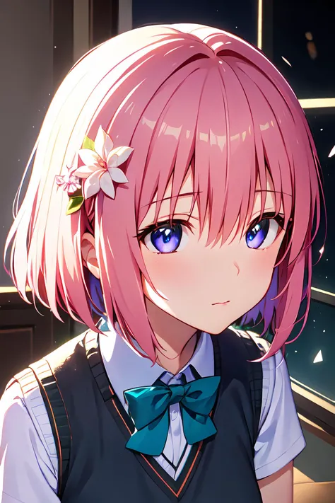 ph momo, momohd, phmomo, solo, 1girl, pink hair, purple eyes, short hair, hair flower, sweater vest, school uniform, big eyes, plaid skirt, black thighhighs, <lora:momo:0.8>, (masterpiece:1.2, best quality), (finely detailed beautiful eyes: 1.2), (detailed background,dark fantasy), (beautiful detailed face), high contrast, (best illumination, an extremely delicate and beautiful), ((cinematic light)), colorful, hyper detail, dramatic light, intricate details, (sharp face hair between eyes,dynamic angle), swirling black light around the character, depth of field,black light particles,(broken glass),magic circle,