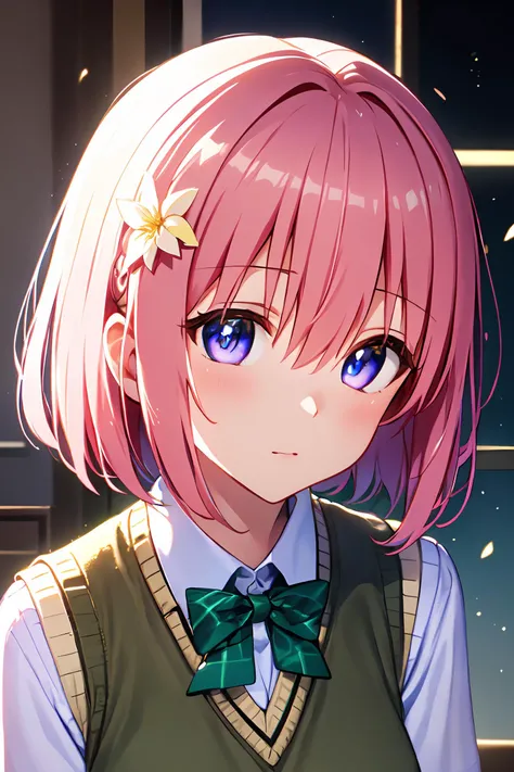 ph momo, momohd, phmomo, solo, 1girl, pink hair, purple eyes, short hair, hair flower, sweater vest, school uniform,(yellow sweater:1.2), big eyes, plaid skirt, black thighhighs, <lora:momo:0.8>, (masterpiece:1.2, best quality), (finely detailed beautiful eyes: 1.2), (detailed background,dark fantasy), (beautiful detailed face), high contrast, (best illumination, an extremely delicate and beautiful), ((cinematic light)), colorful, hyper detail, dramatic light, intricate details, (sharp face hair between eyes,dynamic angle), swirling black light around the character, depth of field,black light particles,(broken glass),magic circle,