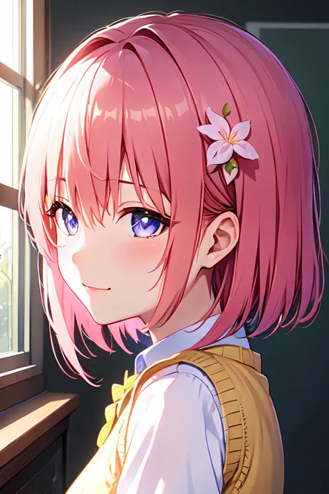 ph momo, momohd, phmomo, solo, 1girl, pink hair, purple eyes, short hair, hair flower, sweater vest, school uniform,(yellow sweater:1.2), big eyes, plaid skirt, black thighhighs, <lora:momo:0.8>, (masterpiece:1.6, best quality), (finely detailed beautiful eyes: 1.2), ultra-detailed, illustration,beautiful detailed eyes, (yandere:1.4), (empty eyes), backlighting, looking at viewer, blush, smile, (masterpiece, finely detailed beautiful eyes: 1.2), detailed eyes, hyper detailed,light smile, highly detailed, beautiful, small details, ultra detailed, best quality, intricate, hyperrealism, sharp, digital illustration, detailed, realism, intricate, 4k, 8k, trending on artstation, good anatomy, beautiful lighting, award-winning, photorealistic, realistic shadows, realistic lighting, beautiful lighting, raytracing, intricate details, moody, rule of thirds, masterpiece, (illustration:1.1), highres, (extremely detailed CG, unity, 8k wallpaper:1.1), beautiful face, highly detailed face, ultra realistic, masterpiece, bokeh, extremely detailed, intricate, zoomout, colorful, vibrant colors, red nail polish, side view