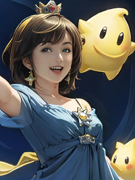 (masterpiece, best quality, detailed), photorealistic,  8K, wallpaper, sharp focus, blue dress, crown, luma, yellow hair, short hair, (smile), open mouth, happy, outstretched arm, standing, dynamic pose,  upper body, 1girl, fantasy, jjfz,   <lora:zch:1>,  <lora:RosalinaV12:0.8>, looking at viewer, poster, super mario galaxy,