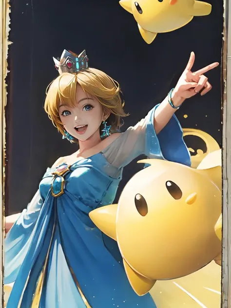 (masterpiece, best quality, detailed), photorealistic, 8K, wallpaper, sharp focus, blue dress, crown, luma, yellow hair, short hair, (smile), open mouth, happy, outstretched arm, standing, dynamic pose, upper body, 1girl, fantasy, jjfz, <lora:zch:1>, <lora:RosalinaV12:0.8>, looking at viewer, ((poster)), super mario galaxy,