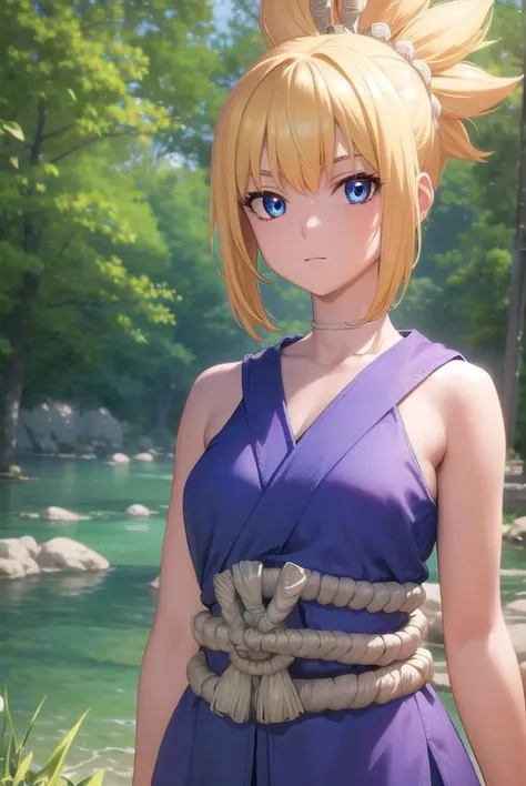 kohaku, <lora:kohaku-lora-nochekaiser:1>,
kohaku, blonde hair, blue eyes, hair ornament, ponytail,
BREAK bare shoulders, blue dress, choker, dress, rope, rope belt, sleeveless, sleeveless dress, 
BREAK looking at viewer, full body, (cowboy shot:1.5),
BREAK outdoors, sky, forest, nature,
BREAK <lyco:GoodHands-beta2:1>, (masterpiece:1.2), best quality, high resolution, unity 8k wallpaper, (illustration:0.8), (beautiful detailed eyes:1.6), extremely detailed face, perfect lighting, extremely detailed CG, (perfect hands, perfect anatomy),