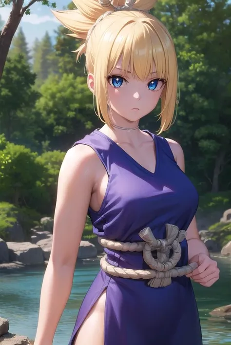 kohaku, kohaku, Blonde hair, Blue eyes, Hair Ornament, Ponytail,
BREAK bare shoulders, Blue Dress, Choker, Dress, noose, rope belt, Sleeveless, Sleeveless dress, 
BREAK looking at viewer, Full body, (Cowboy Shot:1.5),
BREAK outdoors, skyporn, forest, Nature,
BREAK (masutepiece:1.2), Best Quality, High resolution, Unity 8k壁纸, (Illustration:0.8), (Beautiful detailed eyes:1.6), extra detailed face, Perfect Lighting, extremely details CG, (Perfect hands, Perfect ???????),