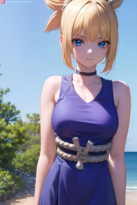 kohaku, kohaku, blonde hair, blue eyes, hair ornament, ponytail, BREAK bare shoulders, blue dress, choker, dress, rope, rope belt, sleeveless, sleeveless dress, BREAK looking at viewer, full body, (cowboy shot:1.5), BREAK outdoors, sky, forest, nature, BREAK (masterpiece:1.2), best quality, high resolution, unity 8k wallpaper, (illustration:0.8), (beautiful detailed eyes:1.6), extremely detailed face, perfect lighting, extremely detailed CG, (perfect hands, perfect anatomy),