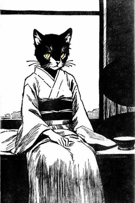 masterpiece, best quality, <lora:es:1>,monochrome, greyscale,
cat, kimono, japanese clothes, animal focus, sitting, no humans, solo, sash, floral print, whiskers, animal, obi, looking at viewer, traditional media, realistic, indoors, long sleeves, red kimono, white fur, bed, closed mouth, 1girl, yellow eyes, cat ears, curtains, furry
