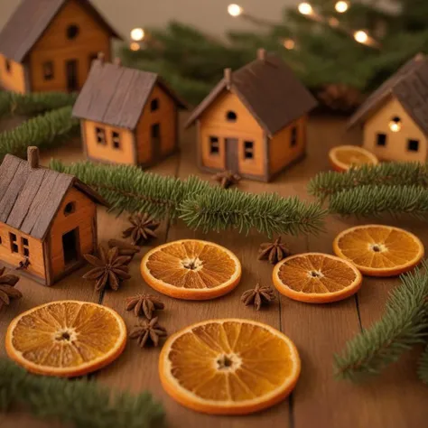 <lora:SDXL_Christmas_Sa_May:1> Christmas, a table topped with dried oranges and cinnamon and a group of small wooden houses