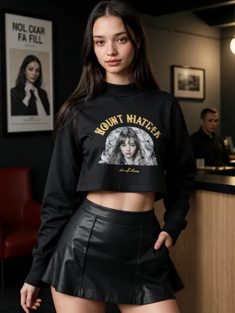 DV_S3_Carola_Vicious, professional photo, feathered haircut hair, perfect eyes, wearing Tulle skirt and graphic sweatshirt, gorgeous smile, A moody jazz bar with low lighting and vintage posters, natural "no-makeup" makeup, perfect teeth, low lighting, moody, large depth of field, deep depth of field, highly detailed, three quarter shot