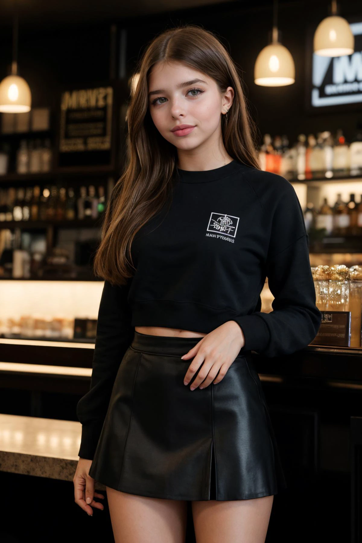 Tower13 - Angel, professional photo, feathered haircut hair, perfect eyes, wearing Tulle skirt and graphic sweatshirt, gorgeous smile, A moody jazz bar with low lighting and vintage posters, natural "no-makeup" makeup, perfect teeth, low lighting, moody, large depth of field, deep depth of field, highly detailed, three quarter shot